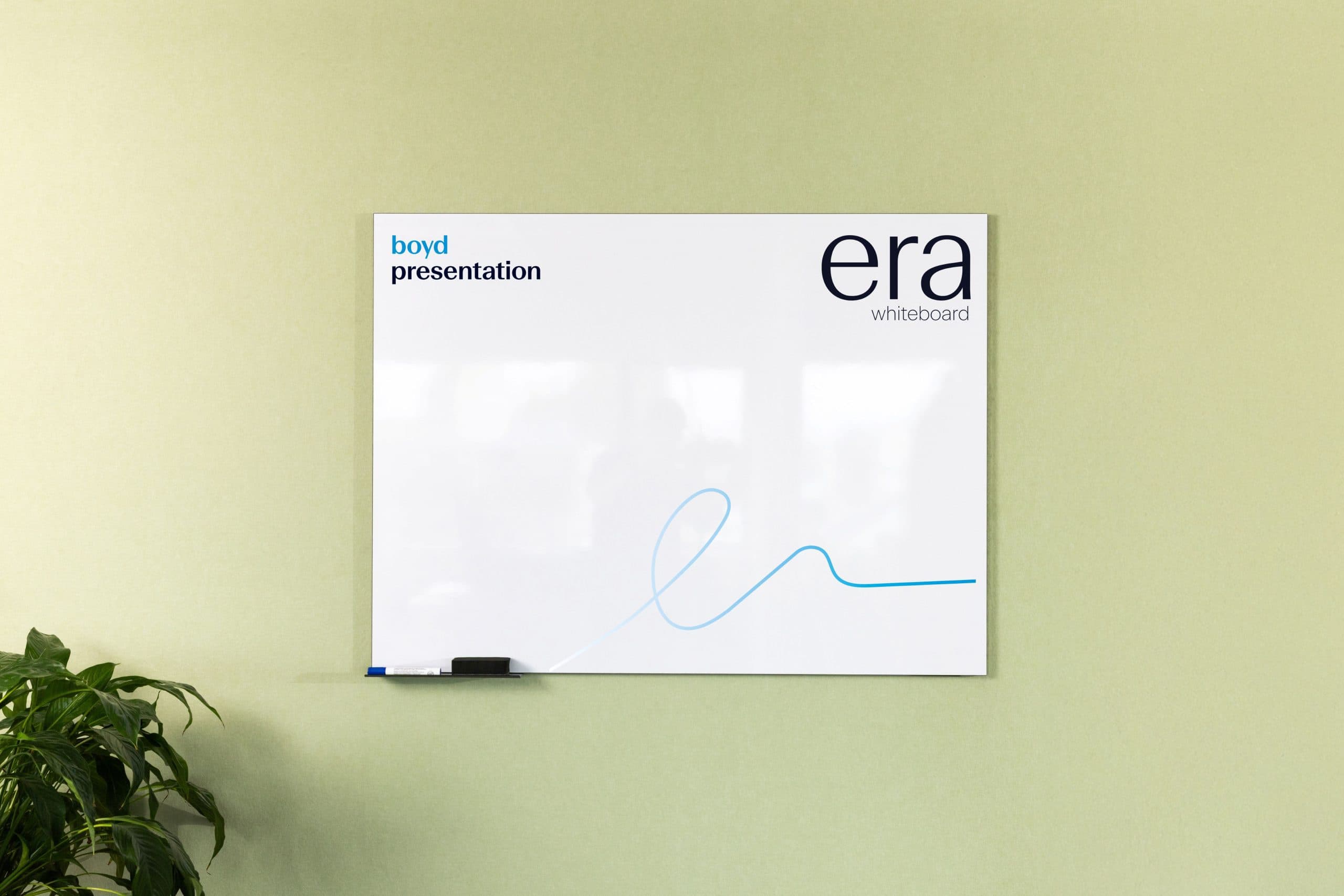 Era whiteboard with boyd presentation and era whiteboard lockup, signed in blue